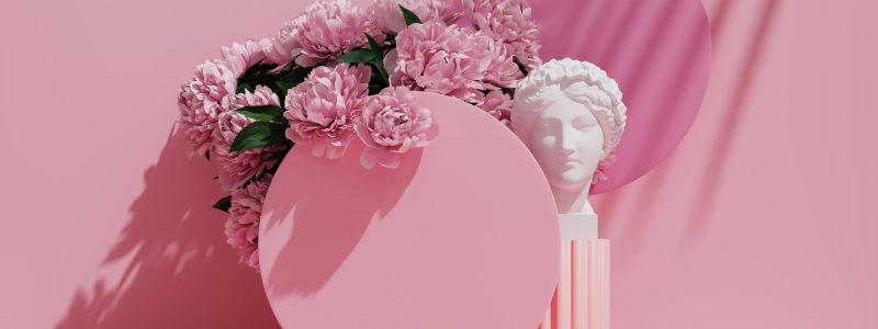 3d,Podium,Display,,Pastel,Pink,Background,With,Flowers.,White,Greek